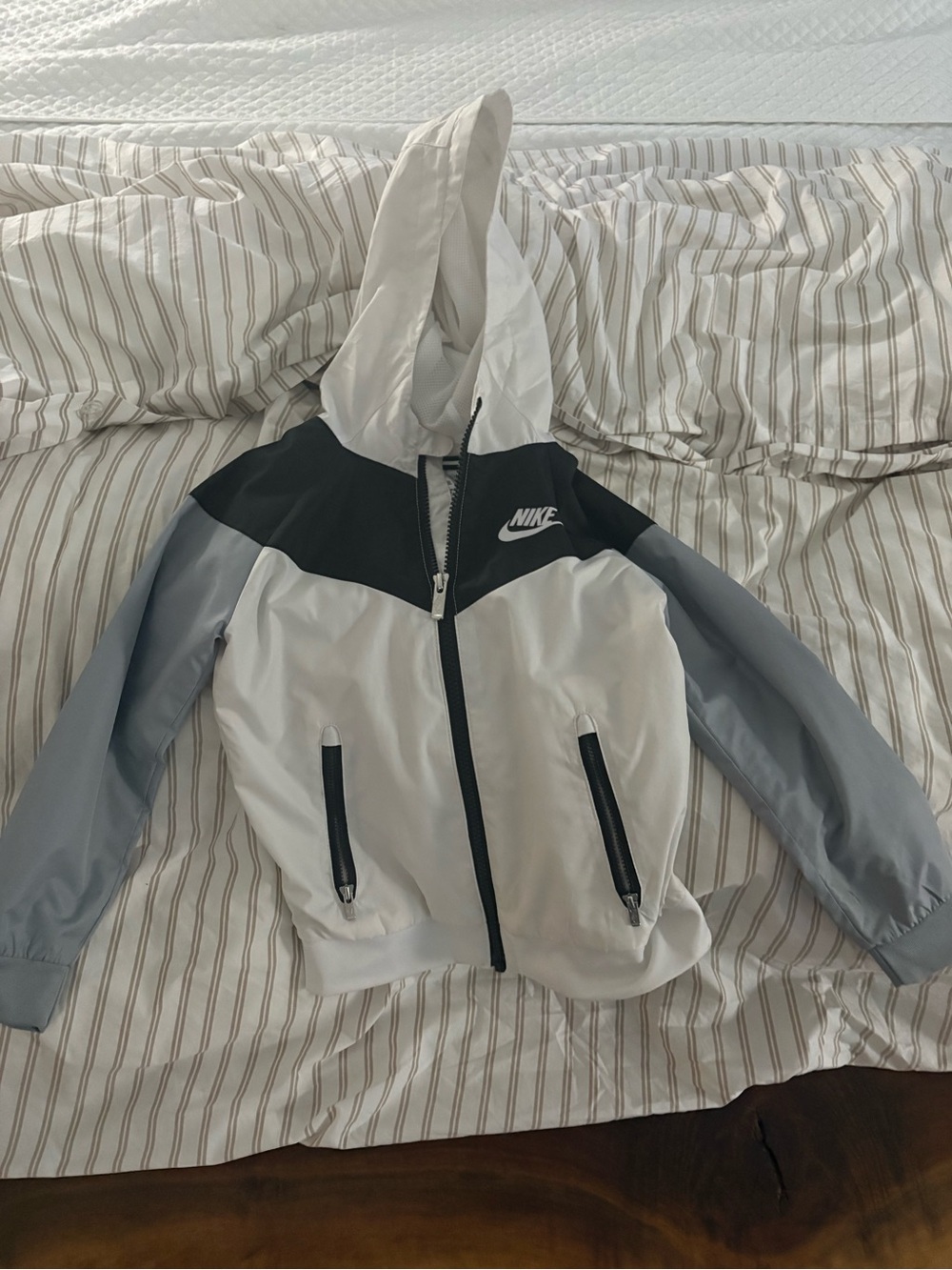 Nike Kids White, Gray & Black Hooded Windbreaker Jacket